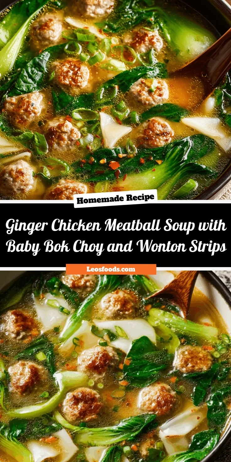 Ginger Chicken Meatball Soup with Baby Bok Choy and Wonton Strips