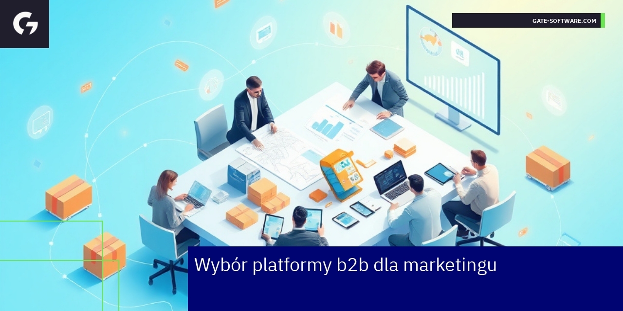 Schemat platformy B2B z ikonami marketingu i analizy