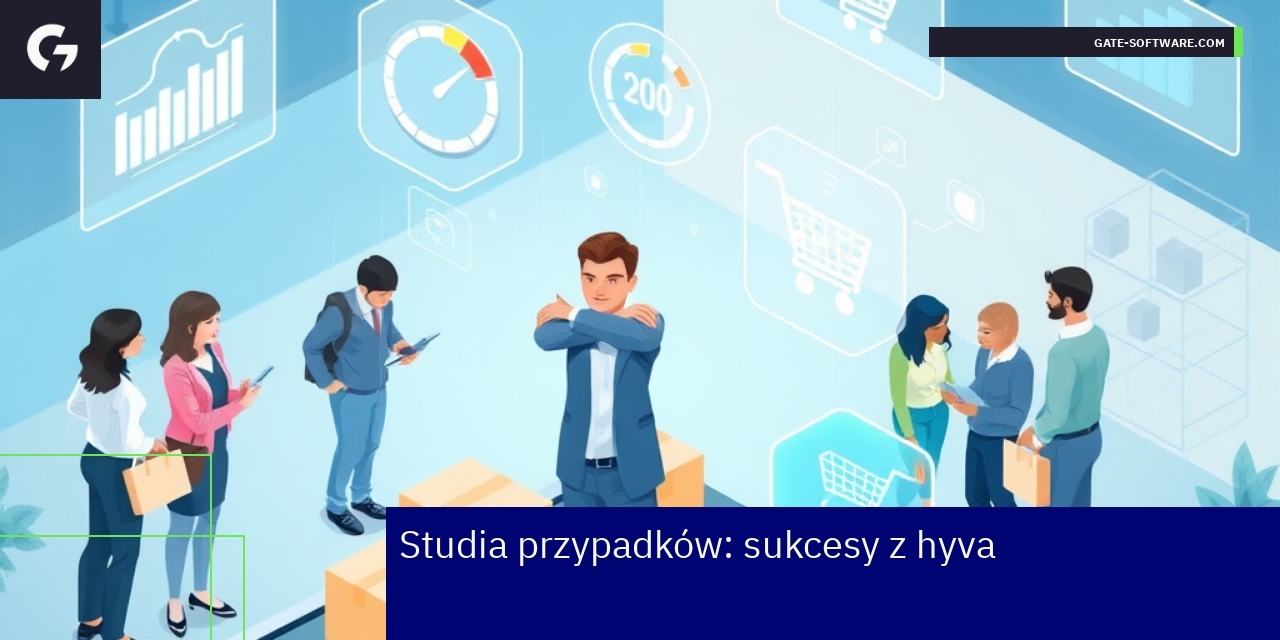 Sukcesy hyva theme w sklepach Magento Wykresy i ikony symbolizujące wydajność i opinie klientów