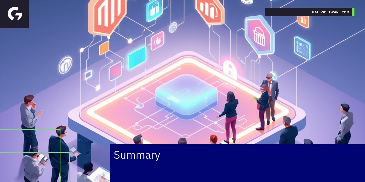 Person learning Magento on laptop with e-commerce icons