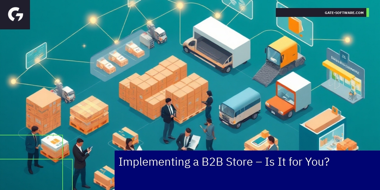 B2B ecommerce platform illustration with users and interfaces