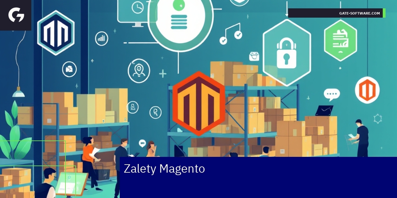 Zalety platformy Magento Grafika przedstawiająca zalety Magento