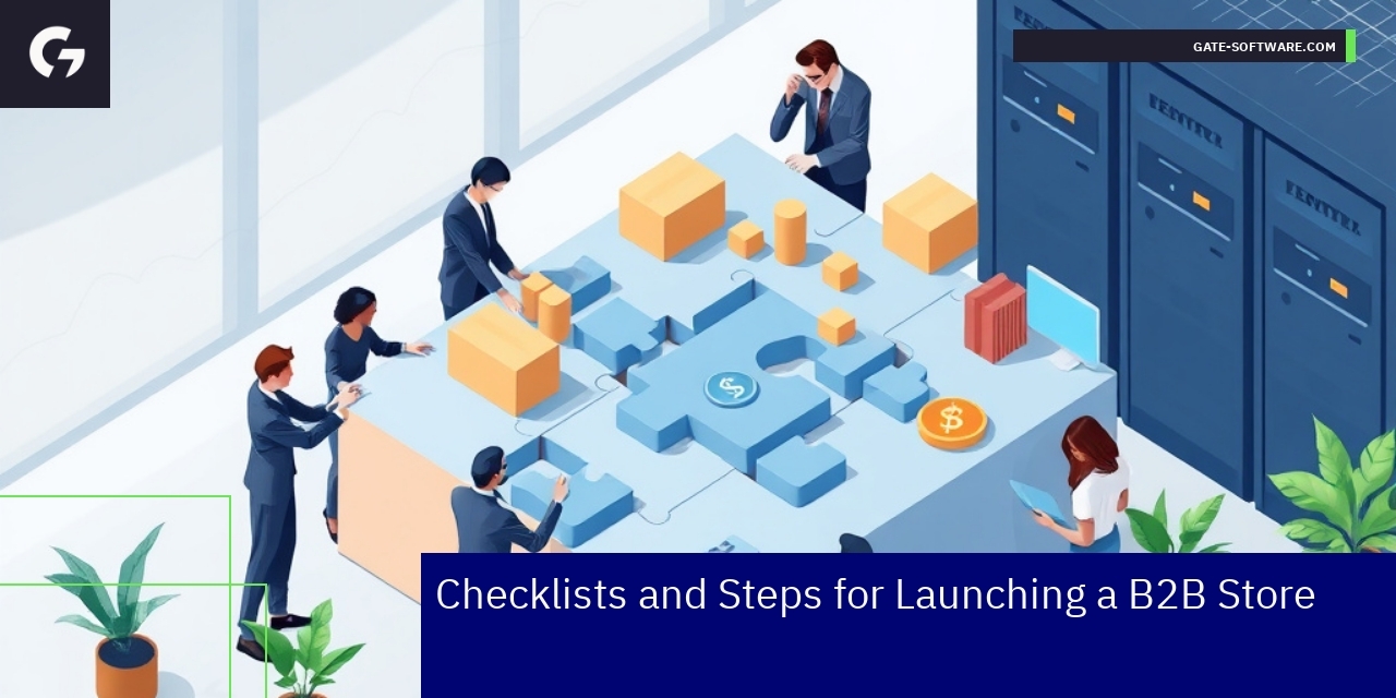 Checklist and icons representing B2B store launch