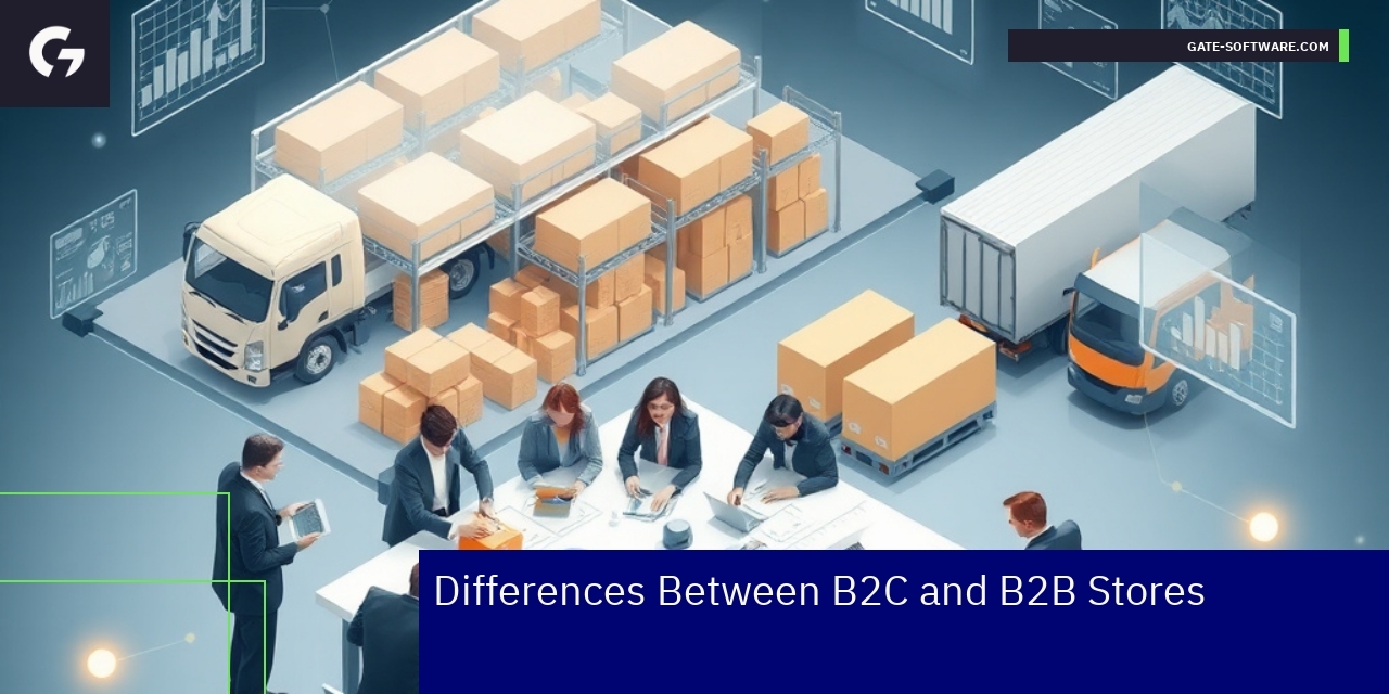 Businesspeople interacting with ecommerce B2B platform interface