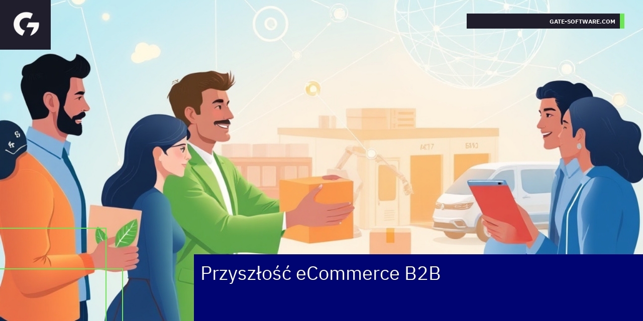 Przyszłość ecommerce B2B i nowe trendy Grafika ilustrująca rozwój ecommerce B2B i technologie