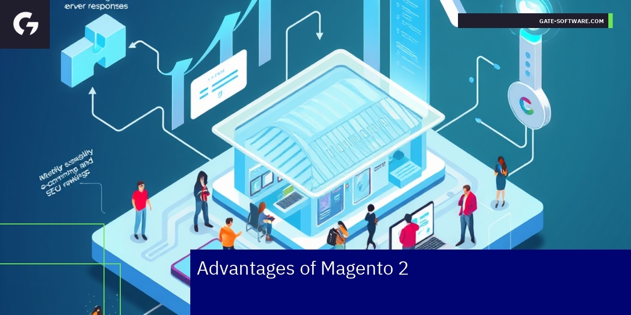 Magento 2 interface with SEO icons and charts