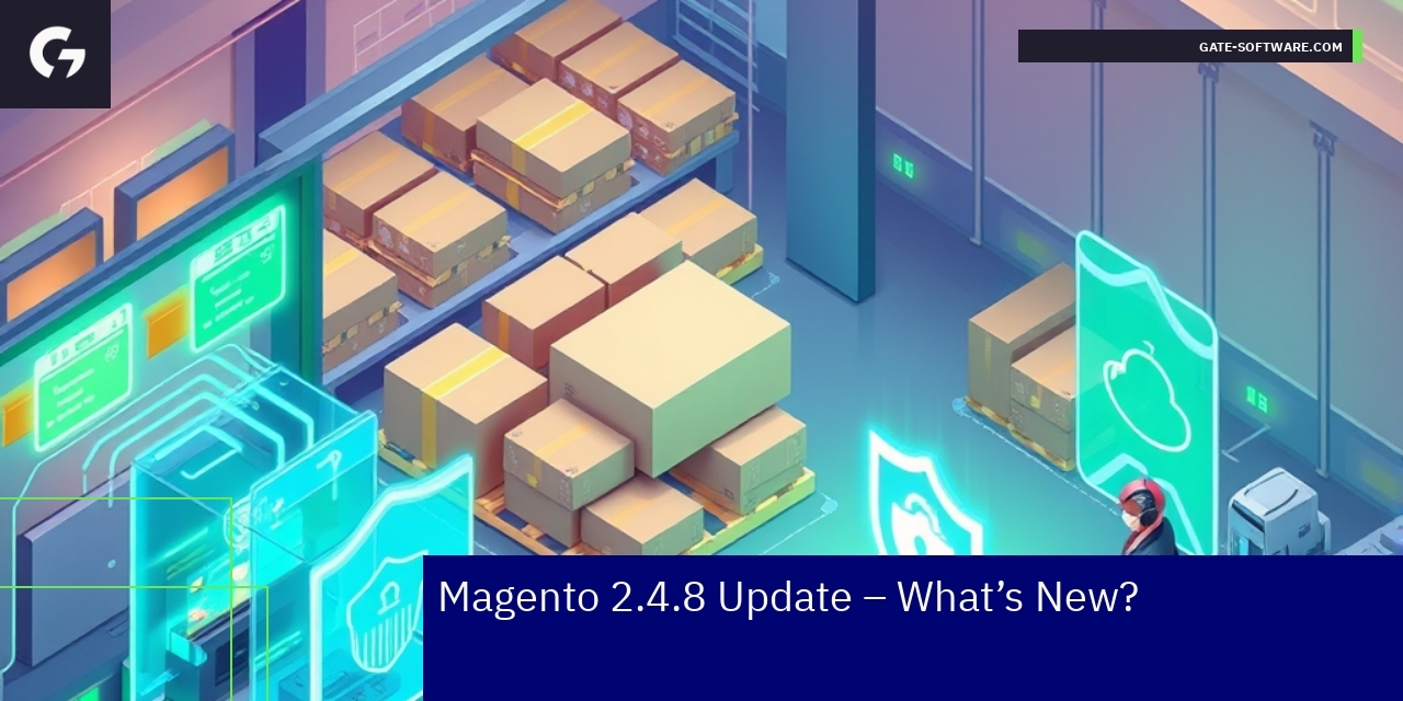 Magento 2.4.8 Update Highlights Magento logo with security shield and performance graph