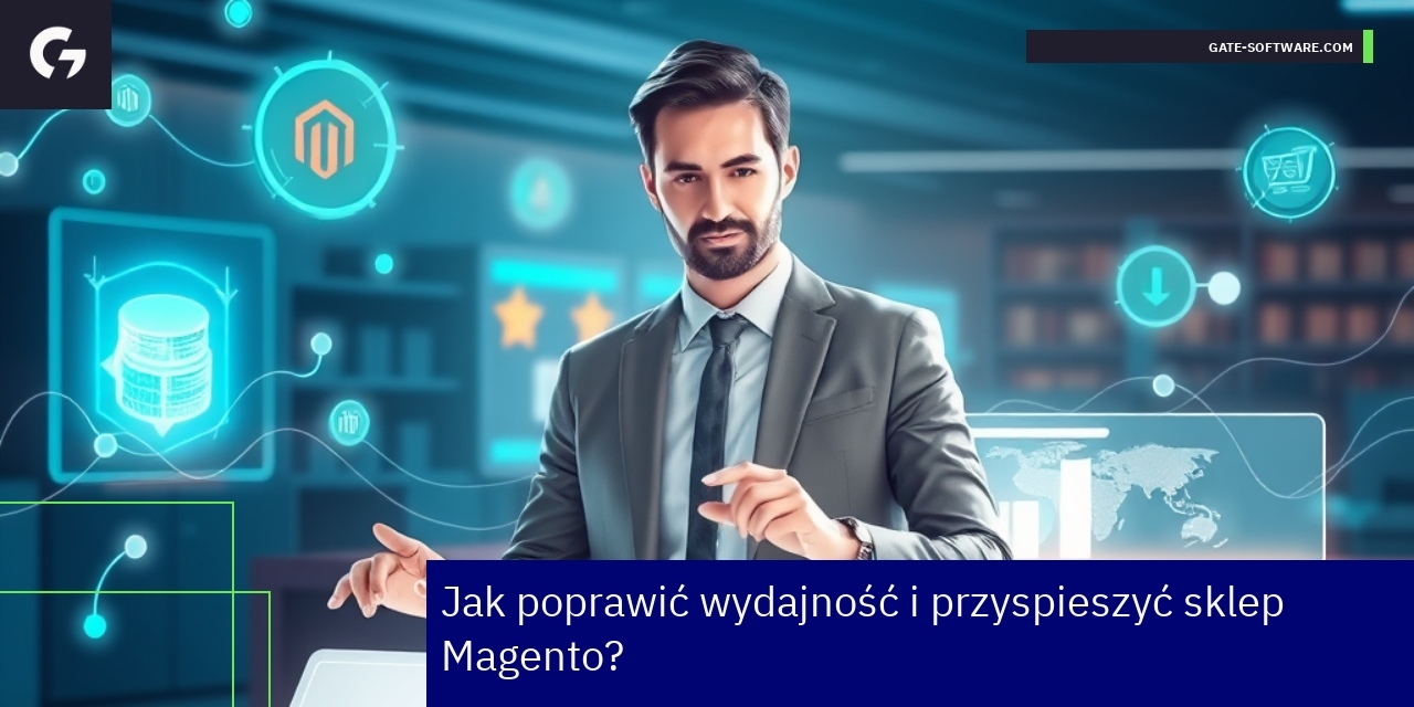 Schemat optymalizacji sklepu Magento z ikonami i wskaźnikami