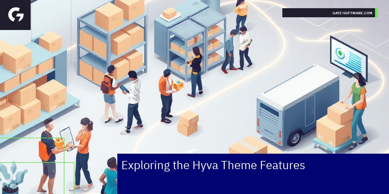 Screenshot showing Hyva theme features and Magento logo