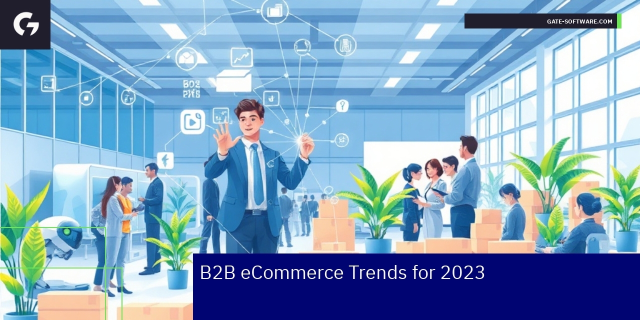 Top B2B eCommerce Trends in 2023 Icons representing personalization AI automation sustainability