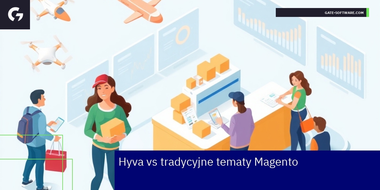 Porównanie Hyva Theme z tradycyjnymi motywami Magento Wykresy i ikony pokazujące wydajność i zaangażowanie w Magento