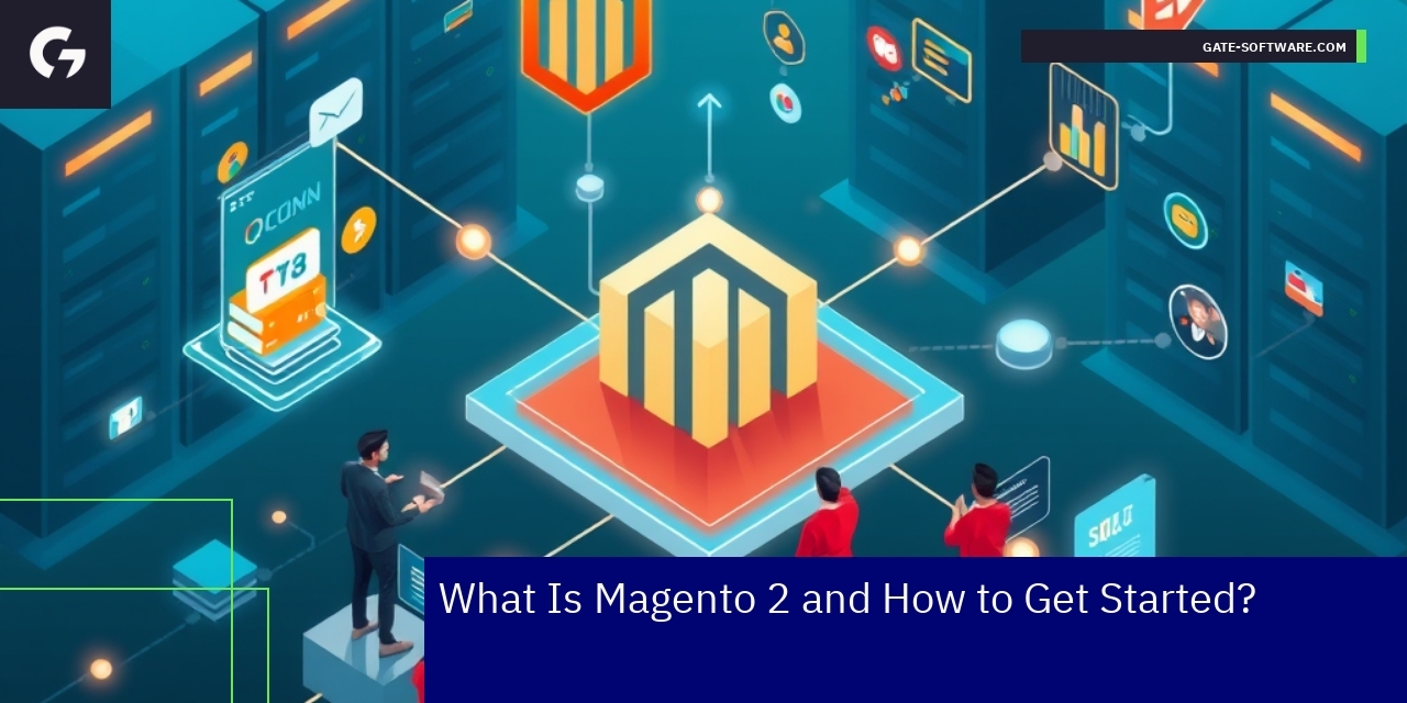Magento 2 E-commerce Platform Overview Magento 2 logo with e-commerce related icons