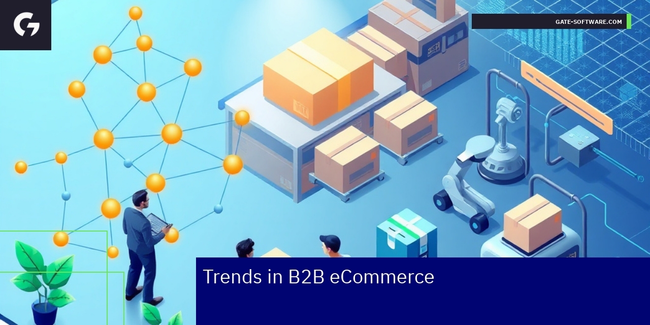 Trends in B2B eCommerce Platforms Icons representing personalization, sustainability, and AI technology