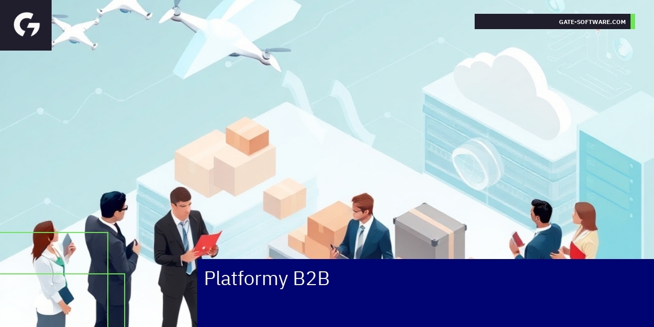 Elementy platformy B2B na tle wykresów i ikonek