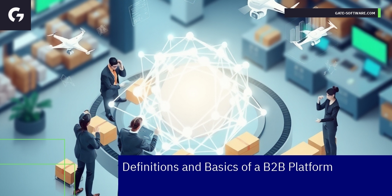 Digital B2B platform interface with business icons