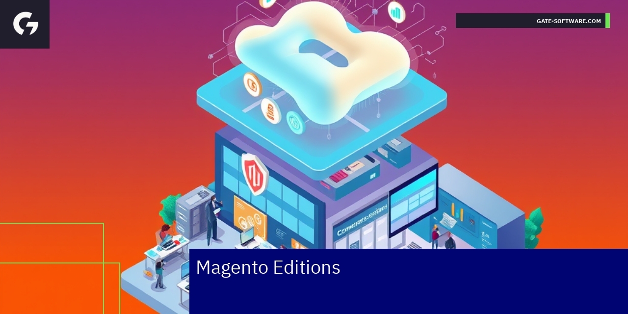 Comparison of Magento Editions for eCommerce Icons representing Magento Open Source Commerce Cloud