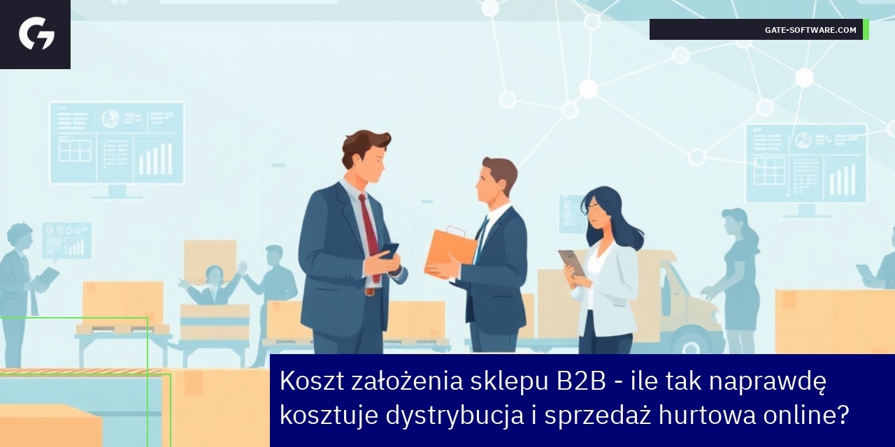 Schemat platformy B2B z elementami kosztów i logistyki