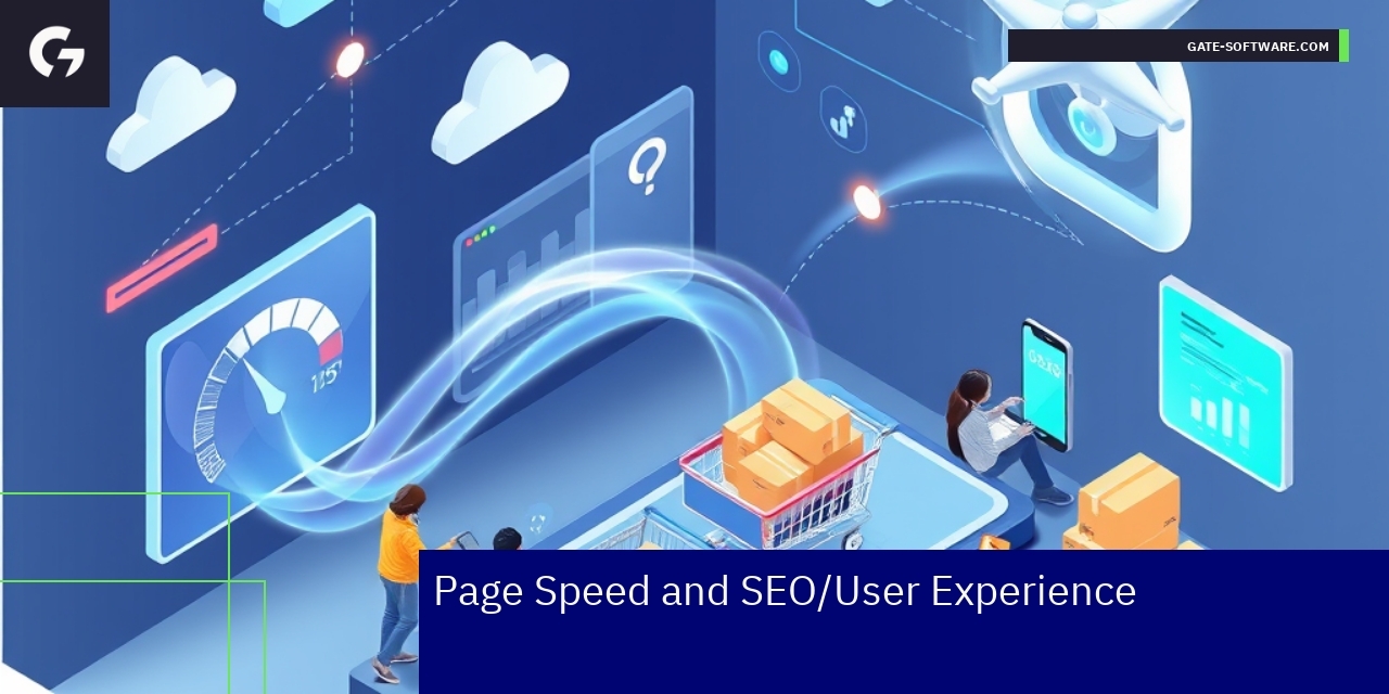 Page Speed Impact on SEO and User Experience Speedometer and website icons representing loading speed