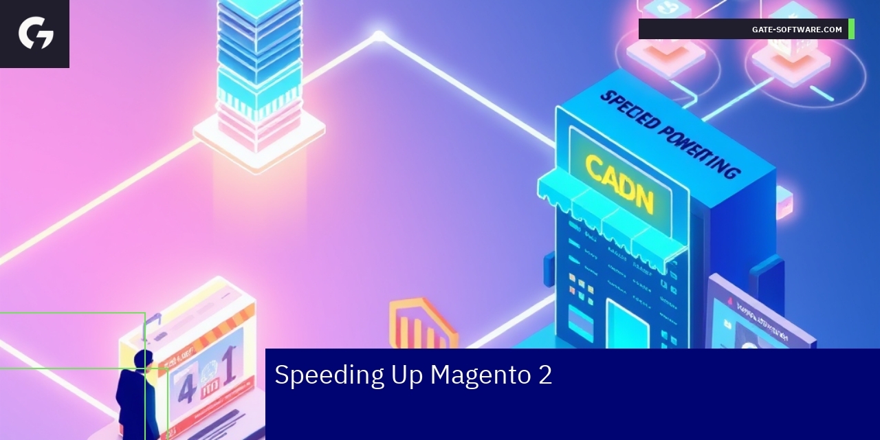 Speeding Up Magento 2 with Caching and CDN Magento 2 performance optimization icons and graphs