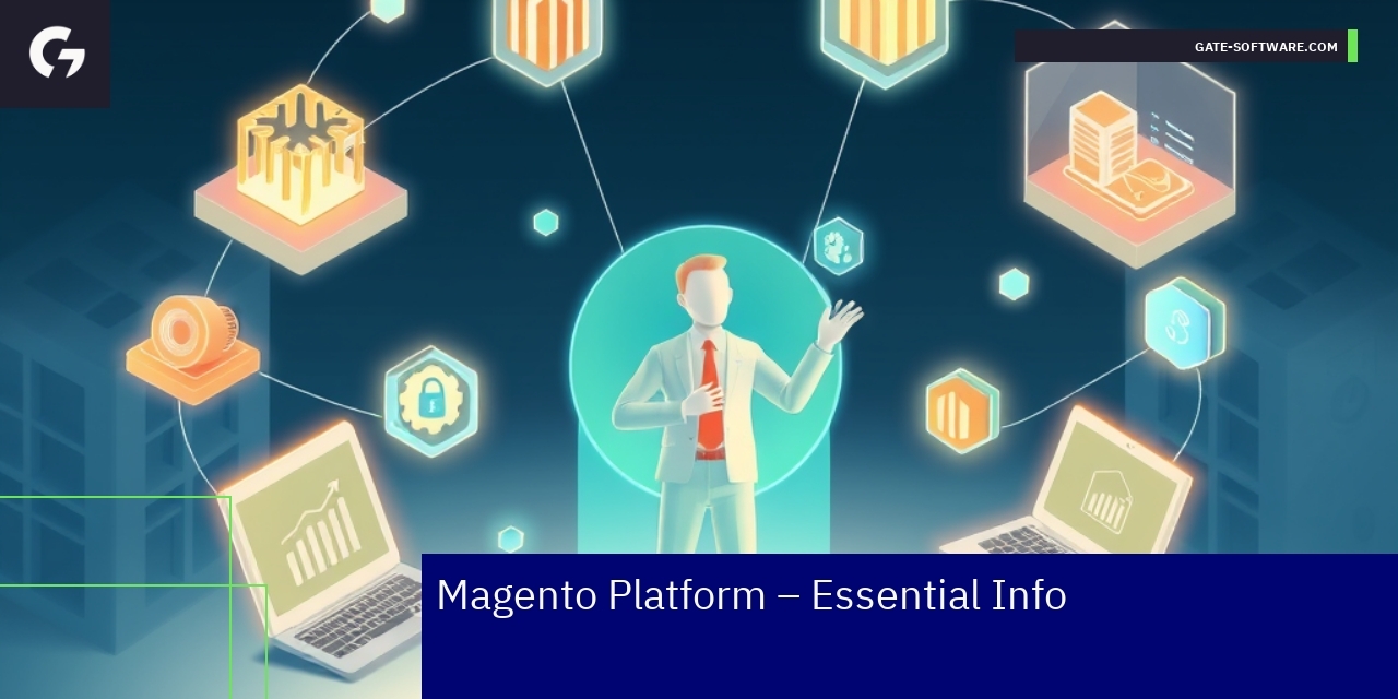 Magento platform illustration with icons and features