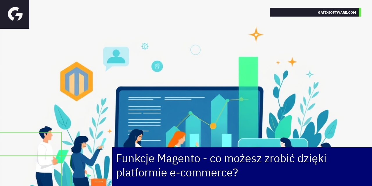 Zalety Magento w e-commerce Grafika przedstawiająca funkcje Magento