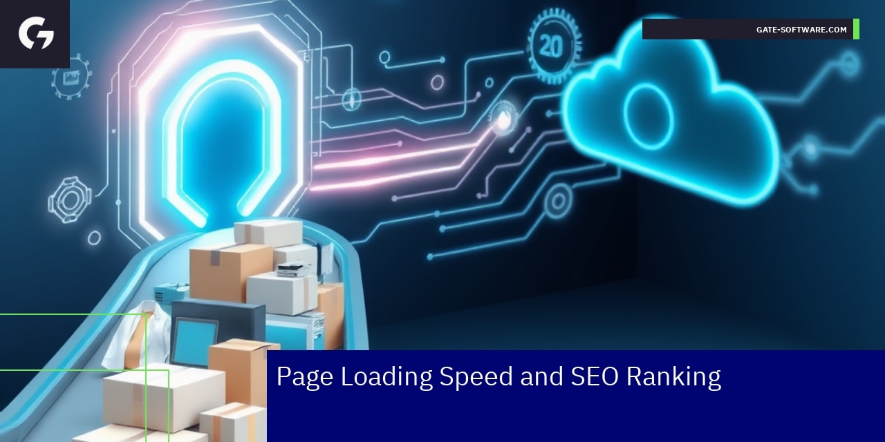 Page Loading Speed and SEO Ranking Impact Speedometer with SEO related icons and website elements