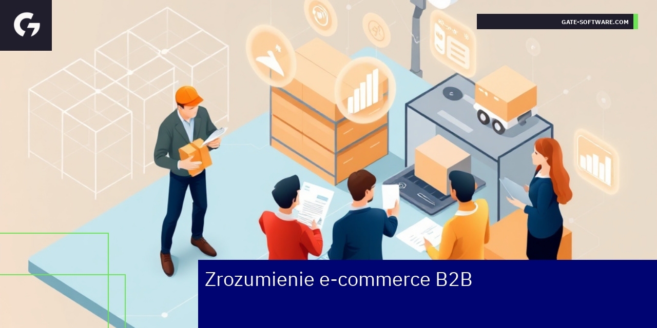 Kluczowe aspekty i trendy e-commerce B2B Infografika ilustrująca e-commerce B2B i technologie