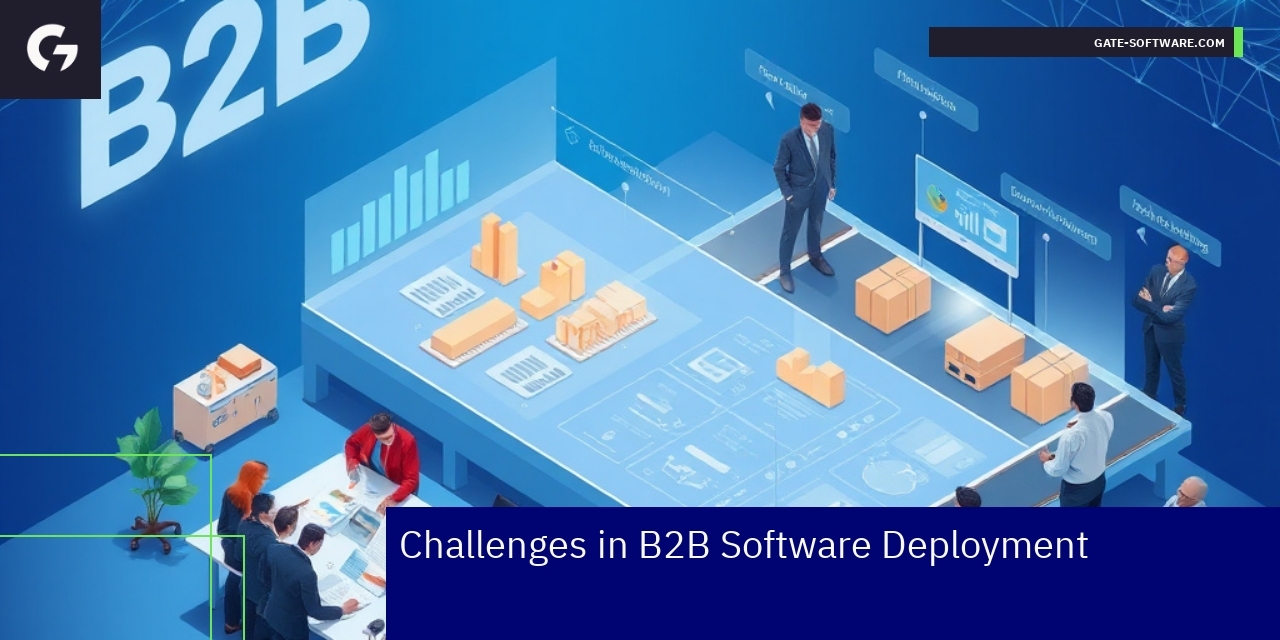 Business team managing B2B software deployment challenges