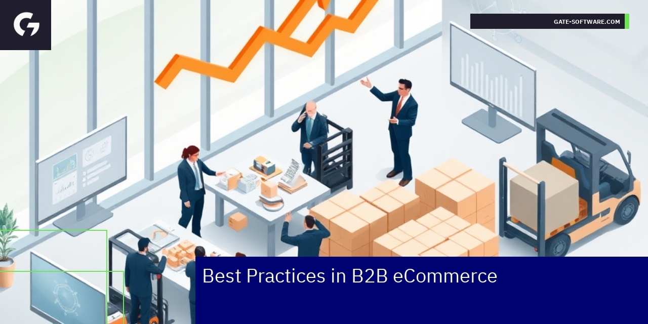 B2B ecommerce interface with marketing and content icons